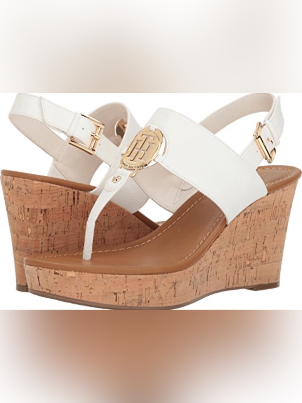 Tommy Hilfiger White Leather Cork Wedge Sandals with Gold Accent